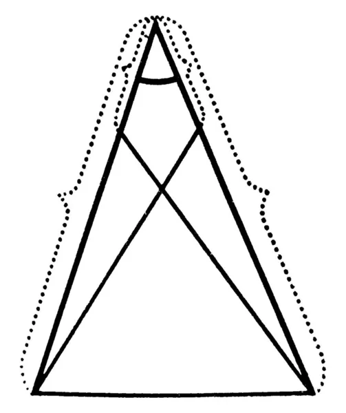 如果测量等腰三角形中相等的节段 那么连接这些节段两端与基部另一端的线将是相等的 即老式线条绘图或雕刻图解 — 图库矢量图片