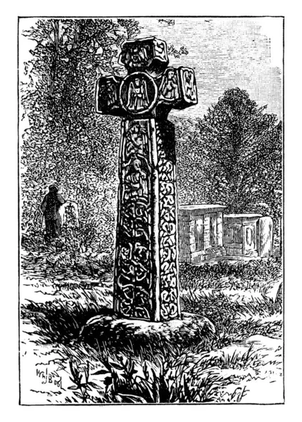 在Eyam教堂的院子里矗立着一个醒目的撒克逊十字架 它采用的是Mercian风格 大约有8英尺高 有古老的线条或雕刻插图 — 图库矢量图片