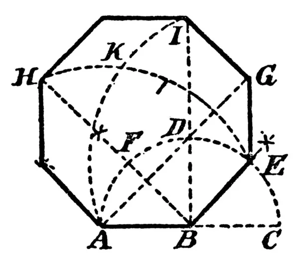与えられたライン上の八角形の建設 Bを中心とし Abを半径として円を描く Afdec ヴィンテージライン図面や彫刻イラスト — ストックベクタ