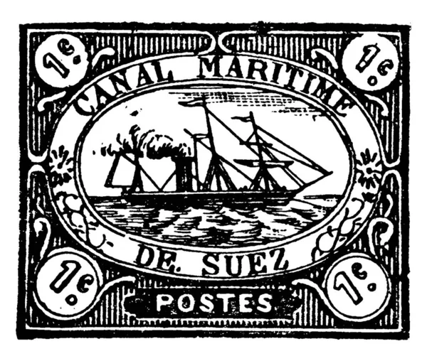 从1868年开始 苏伊士运河公司的邮票 1美分 粘贴在某东西上的一小张纸 用以显示支付的钱 主要是邮票 老式线条图画或版画插图 — 图库矢量图片
