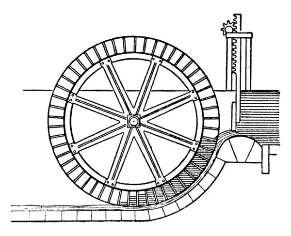 一个用水动力驱动机械的超调轮毂的图像 在顶部接收水 它显示了在其中产生的水轮动力 老式线条的绘制或雕刻 — 图库矢量图片