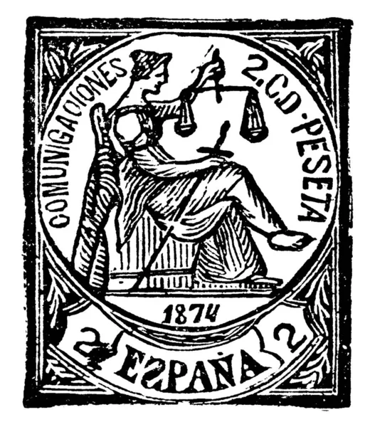 Timbre Espagne Peseta 1874 Petit Morceau Papier Adhésif Collé Quelque — Image vectorielle