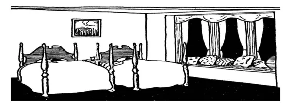 Das Bild Zeigt Zwei Betten Auf Denen Die Matratze Kissen — Stockvektor