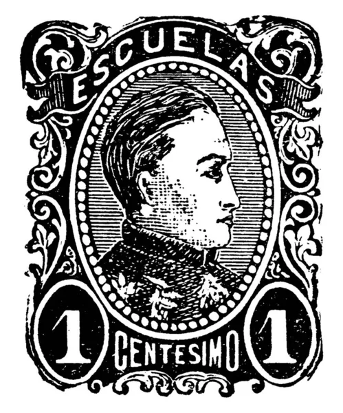 1879年 明治12年 から発行されたベネズエラ切手 1センテシモ ヴィンテージ線画 版画イラストを中心に お金を払う額を示すために何かに貼られた小さな接着剤の作品 — ストックベクタ