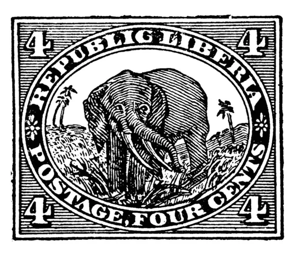 从1892年开始发行的利比里亚邮票 4美分 粘贴在某东西上的一张小胶粘纸 上面印着一笔钱 主要是邮票 老式线条图画或版画插图 — 图库矢量图片