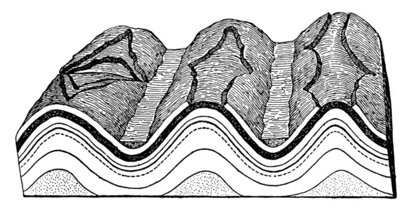 位于法国和瑞士 由一系列平行的山脊和山谷组成 其中每个山脊都是背斜的 每个山谷都是同步的 古老的线条画或雕刻图解 — 图库矢量图片