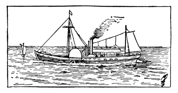 蒸気を燃料とするフルトン製の最初の商業用蒸気船が川にあり 煙突からガスが出ている ヴィンテージ線画や彫刻のイラスト — ストックベクタ
