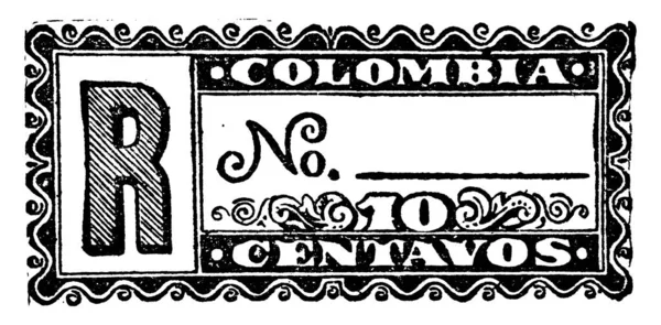 从1889年开始 哥伦比亚共和国的邮票 10个半人马 贴在上面的一张小胶粘纸上 上面贴有一笔钱 上面画的是老式线条或版画插图 — 图库矢量图片
