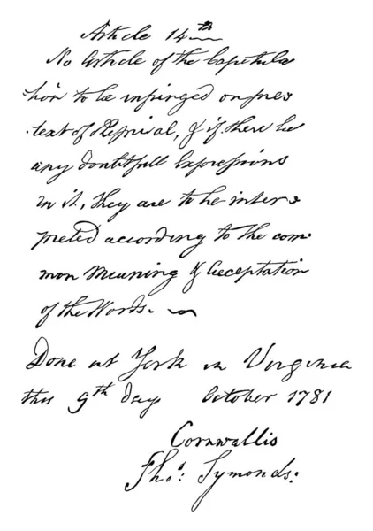 Британський Генерал Чарльз Корнуолліс Офіційно Документований Формальних Статтях Капітуляції Здається — стоковий вектор