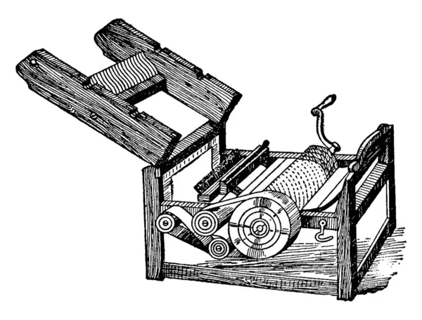 Eli Whitney发明的一种机器 能快速地将棉纤维从种子中分离出来 其生产率高于手工分选 复古线条绘制或雕刻插图 — 图库矢量图片
