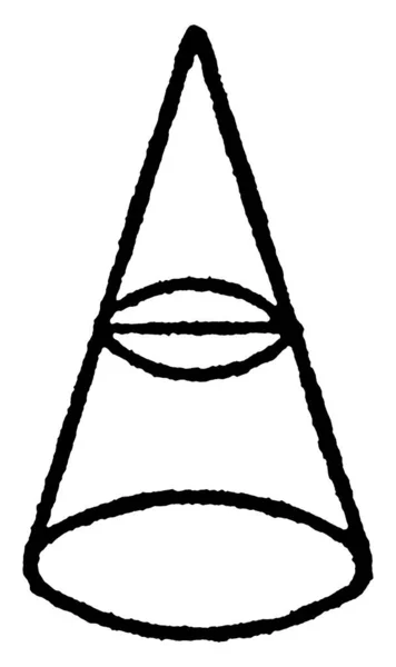 平面と円錐の交差の典型的な表現 円錐は ベースに平行な平面によって交差し ヴィンテージライン図面または彫刻イラストを形成します — ストックベクタ
