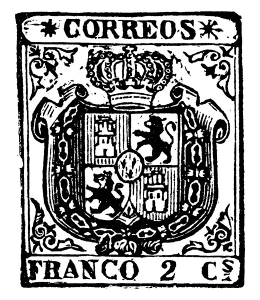 1854年 嘉永7年 からのスペイン切手 主に切手 ヴィンテージ線画 または挿絵を彫ることによって支払われたお金の量を示すために何かに貼られた小さな接着剤の紙 — ストックベクタ