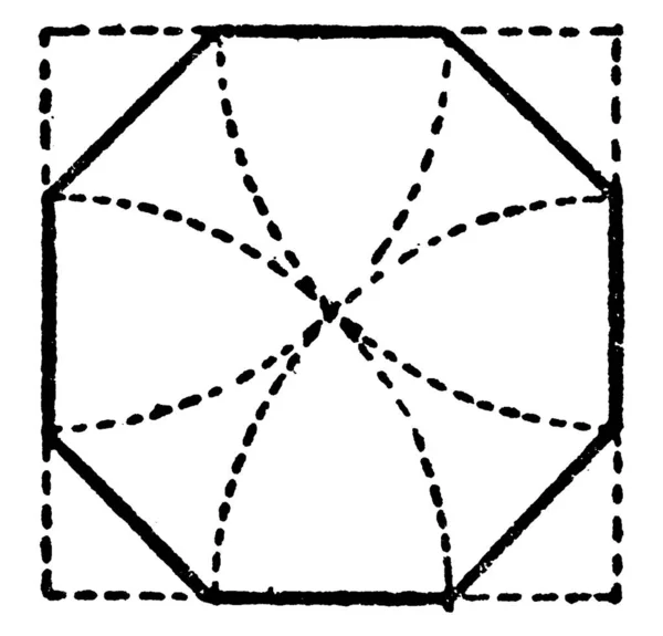 图例通过剪断正方形的角和刻有尺寸的老式线条绘图或雕刻图来说明如何从正方形构造一个正方形的八边形 — 图库矢量图片