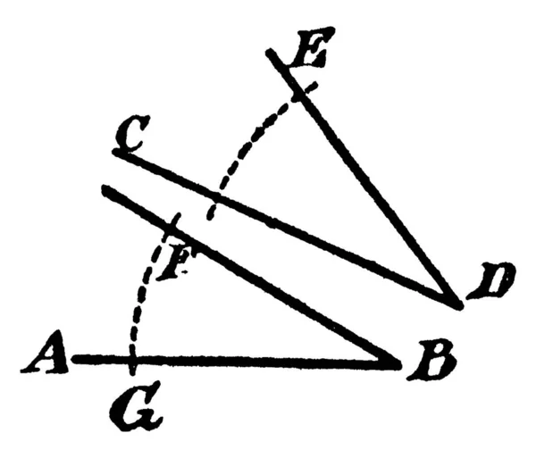 建設は同じ角度を建てるために使用されます Dを中心として 点線の円弧Ce と同じ半径とBを中心として 円弧Gf ヴィンテージライン図面または彫刻イラストを描く — ストックベクタ