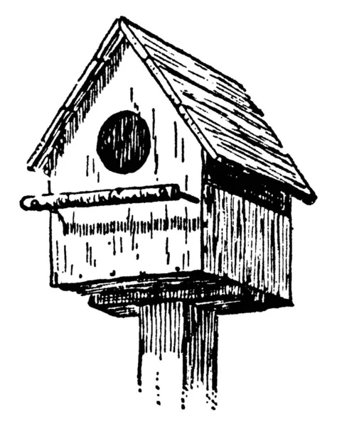 上部に開口部を持つ鳥の家の1つのタイプは 種を保存し 鳥が危険にさらされるのを助ける ヴィンテージライン図面や彫刻イラスト — ストックベクタ