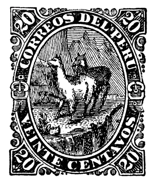 1866年至1867年 秘鲁邮票 20个半人字形 贴在一张小胶粘纸上 上面印着一笔钱 主要是邮票 老式线条画或版画插图 — 图库矢量图片