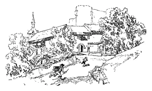 高さのある家に向かって走っている2人の男の子 ヴィンテージラインの絵や彫刻のイラスト — ストックベクタ