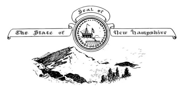 美国新罕布什尔州的印章 这枚印章的背景是山 它也有船站在海上 太阳升起的圆圈形状 复古线画或雕刻插图 — 图库矢量图片