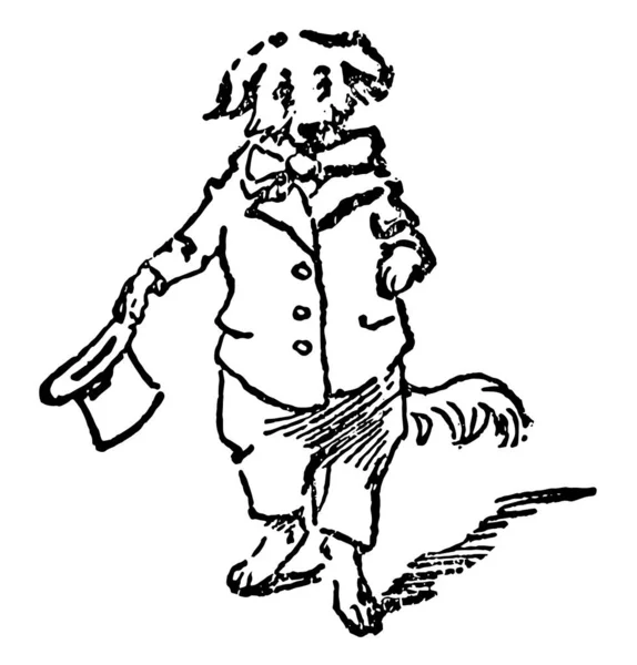 Собака Одягнений Тримає Капелюх Вінтажний Малюнок Лінії Або Гравюрна Ілюстрація — стоковий вектор