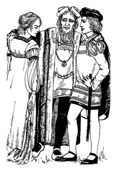 Двое Мужчин Разговаривают Женщиной Стоящей Рядом Ними Рисунок Винтажной Линии — стоковый вектор