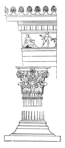 Ordre Corinthien Base Majuscule Corniche Frise Lysicrate Monument Arbre Dessin — Image vectorielle