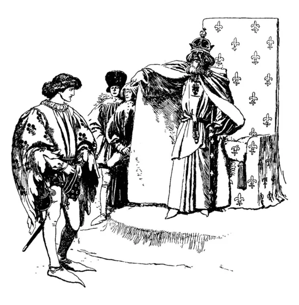Король Короною Стоїть Біля Стільця Вказує Молодого Чоловіка Який Стоїть — стоковий вектор