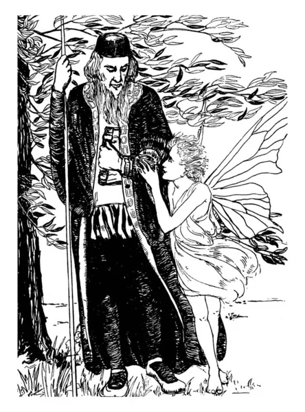 一个仙女牵手的老人站在他附近 树背景 复古线条画或雕刻插图 — 图库矢量图片