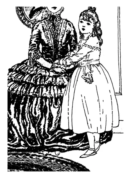 マギー タリヴァーこのシーンは バルーン ドレス ビンテージの線描画や彫刻イラストで女性と小さな女の子を示しています — ストックベクタ