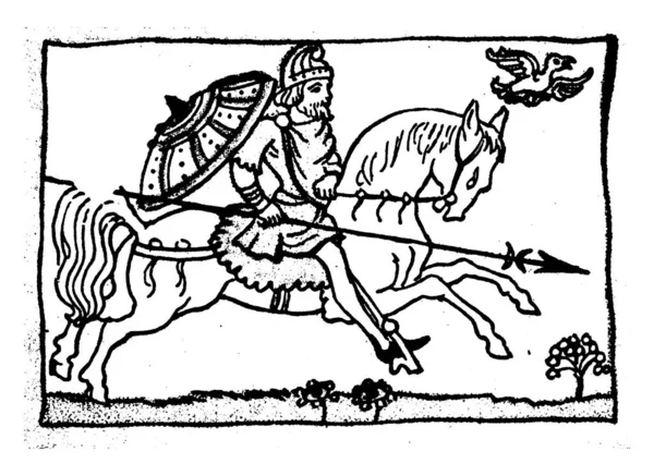 彫刻イラスト ヴィンテージ線画や飛んでいる鳥馬に乗って槍を持つ男 — ストックベクタ