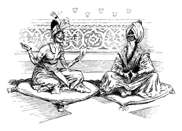 Два Человека Сидят Подушках Разговаривают Рисуя Винтажные Линии Гравируя Иллюстрации — стоковый вектор