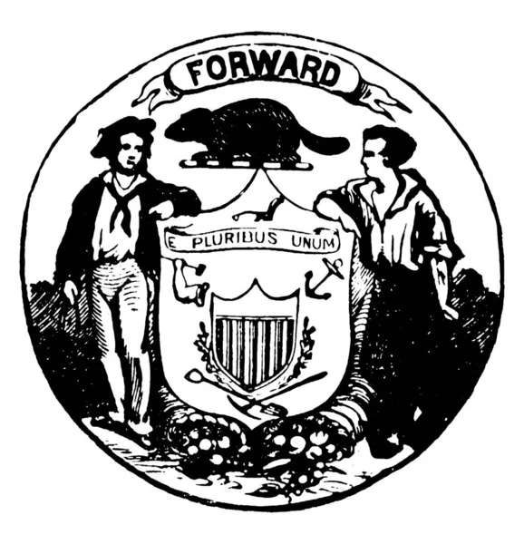 威斯康星州的印章 1904年 这个圆形的印章有两个站立的人和盾牌与条 铲子和铲子和獾动物 前进写在印章 复古线绘图或雕刻插图 — 图库矢量图片