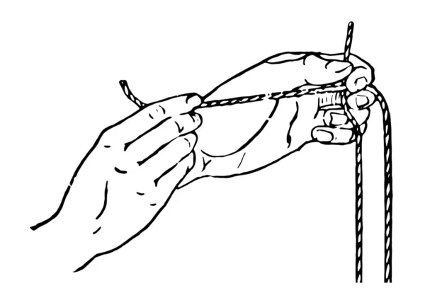 Hände Knüpfen Knoten Mit Schnur Vintage Linienzeichnung Oder Gravierillustration — Stockvektor