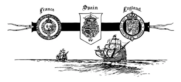 这封印法国 西班牙和英国 有法国和英国的封印 中间是盾牌形的西班牙印章 下面是船只和大海 它展示了狮子 竖琴和皇冠 复古线条画或雕刻插图 — 图库矢量图片