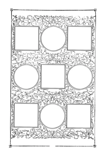 Nine Part Frame Have Circular Square Boxes Pattern Vintage Line — Stock Vector