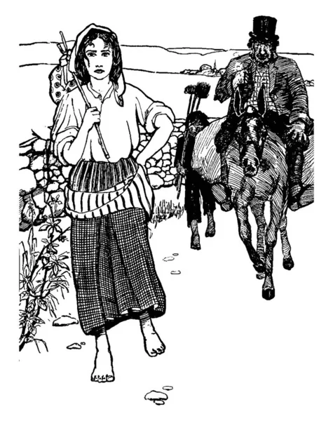 Bindle と彼女の後ろに馬に乗って男を運ぶ女性 ビンテージ ライン描画または彫刻の図 — ストックベクタ