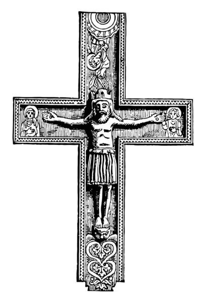 十字架是一个十字架与肖像 复古线图画或雕刻插图 — 图库矢量图片