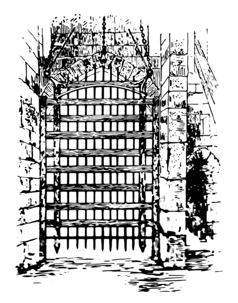Portcullis Vertical Surcos Jambas Entrada Puerta Fortificado Lugar Dibujo Línea — Archivo Imágenes Vectoriales
