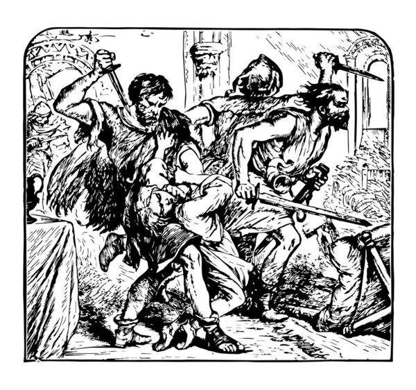 Macduff's Wife and Children Slain, this scene shows three men with swords and knife, a man killing lady with knife, vintage line drawing or engraving illustration