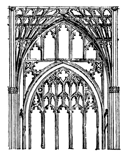 Tracery is much more slender than the corresponding elements, solid wall areas such as the spandrels, glazed, greatly increasing the amount of light, vintage line drawing or engraving illustration.
