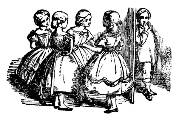 Children Prattle Scene Shows Four Little Girls Playing One Girl — стоковый вектор