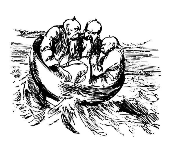 Готэм Сцена Показывает Трех Мудрецов Вышедших Море Чаше Рисунок Винтажной — стоковый вектор