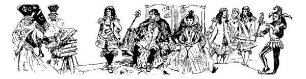 Persifer クラウン このシーンは 王を示しています 椅子と他の人の近くに立っている上に座って女王ビンテージ ライン図面または彫刻のイラスト — ストックベクタ