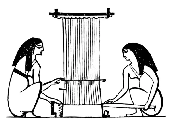エジプトの織物 スピンドル 織機や縫製と編み ビンテージの線描画や彫刻イラストの多くの科目の使用 — ストックベクタ