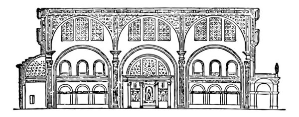 Базилика, используемая для описания древнеримского общественного здания, часто имела центральный нефа и проходы, важную римско-католическую церковь, винтажный рисунок линии или гравировки иллюстрации
.