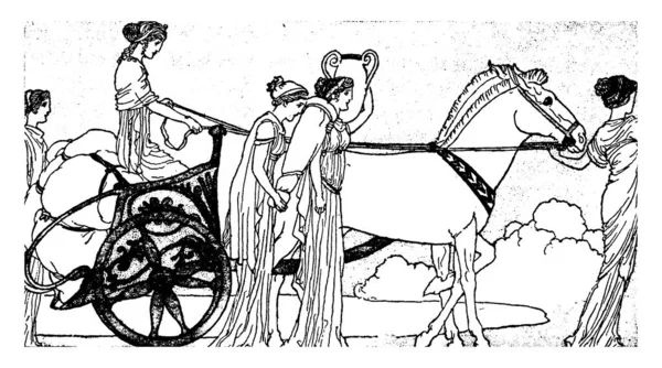 ユリシーズの帰郷は このシーンは 馬車による女性の立っている馬の前に歩いている女性 人の女性と歩いてカート カート ビンテージの線描画や彫刻イラストの後ろを歩く 人の女性の手で何かを保持 — ストックベクタ