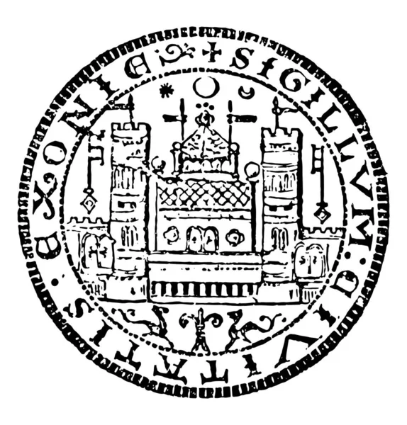公司印章与 Mdash 百科全书 1893 这个印章有一个城堡与星星和月亮在上面 旗帜在城堡上挥舞 复古线条画或雕刻插图 — 图库矢量图片