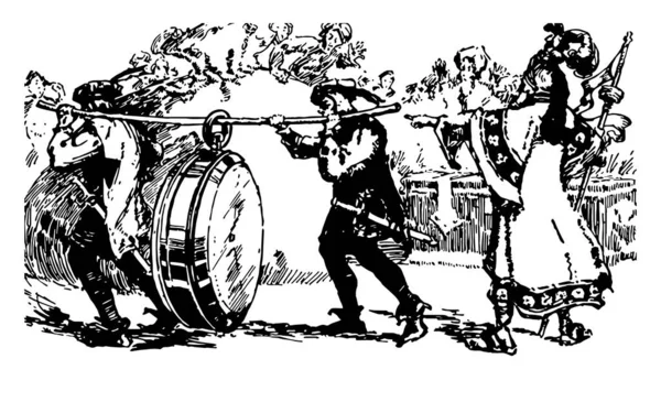 格列佛的手表 这一幕显示 两名男子在棍子的帮助下肩负着手表 其他人看着他们 复古的线条画或雕刻插图 — 图库矢量图片