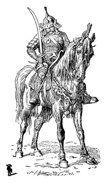 ヴィンテージの線画の上に立ってやイラストを彫刻の小さな男を見て馬に乗って剣で巨人兵 — ストックベクタ