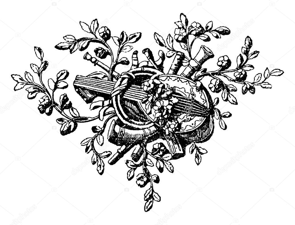An angle ornament in the hall of the Ministry of State in Paris with decorative designs of flowers and leaves, vintage line drawing or engraving illustration.