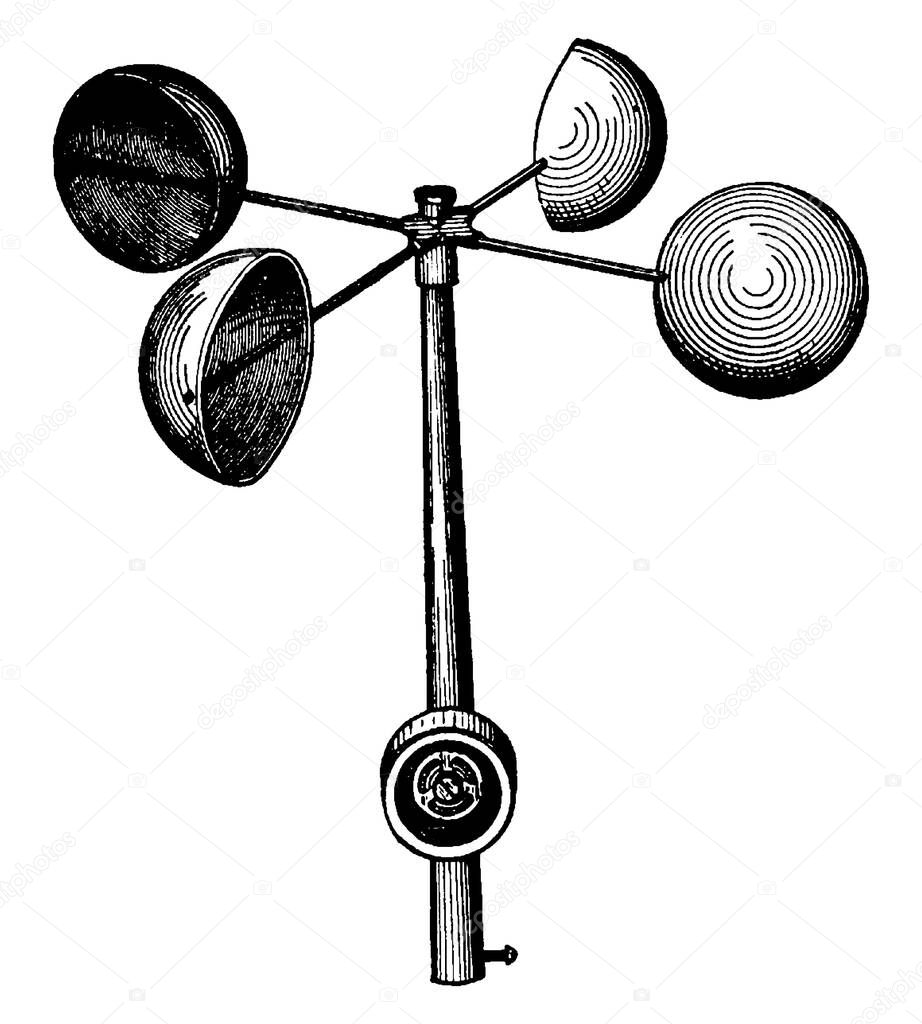 The anemometer is an instrument used to measure the velocity of the wind, the wind speed, and is also a common weather station instrument, vintage line drawing or engraving illustration.